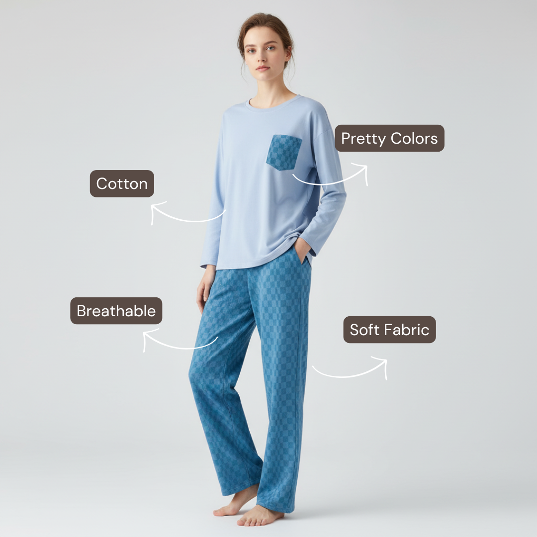 Full Sleeves Cotton Night Suit Set - Blue