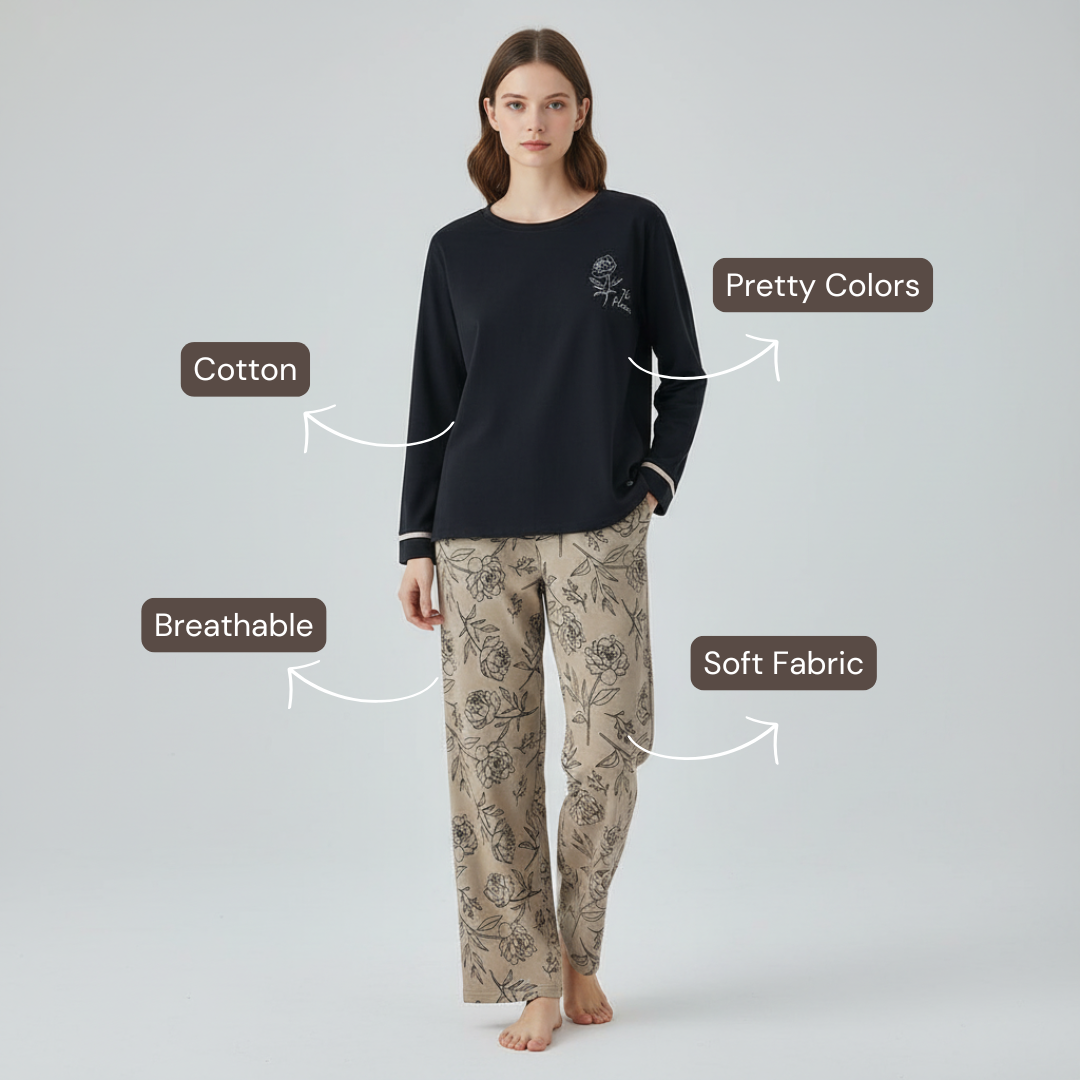 Full Sleeves Cotton Night Suit Set - Black