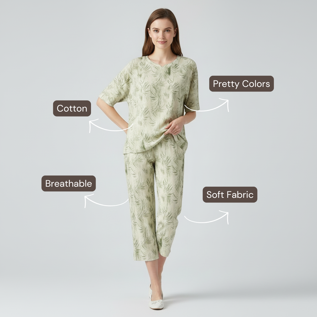 Half Sleeves Cotton Night Suit Set - Rainforest Green