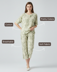 Half Sleeves Cotton Night Suit Set - Rainforest Green