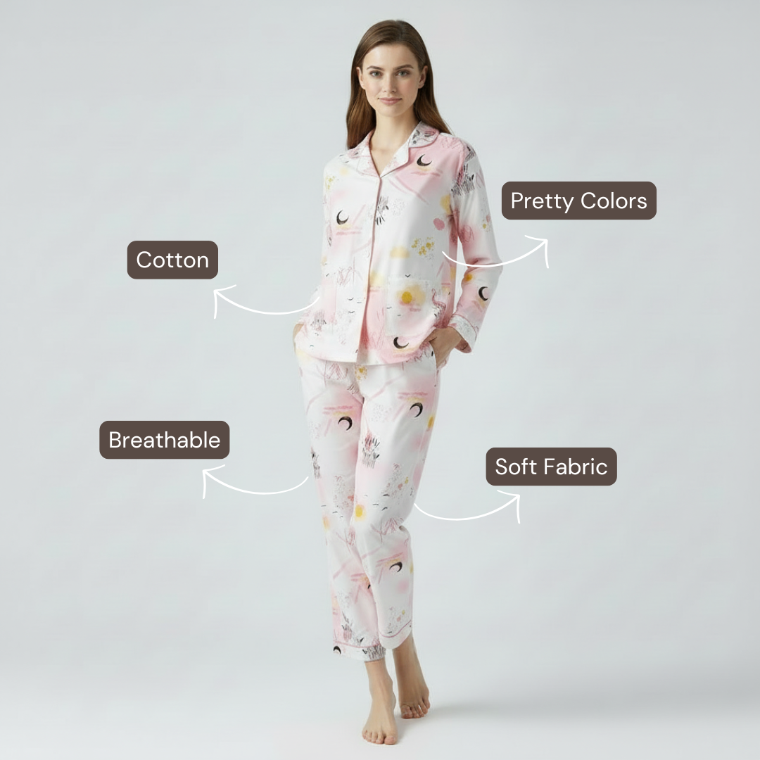 Full Sleeves Cotton Button Down Night Suit Set - Pink Spray
