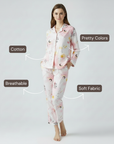 Full Sleeves Cotton Button Down Night Suit Set - Pink Spray