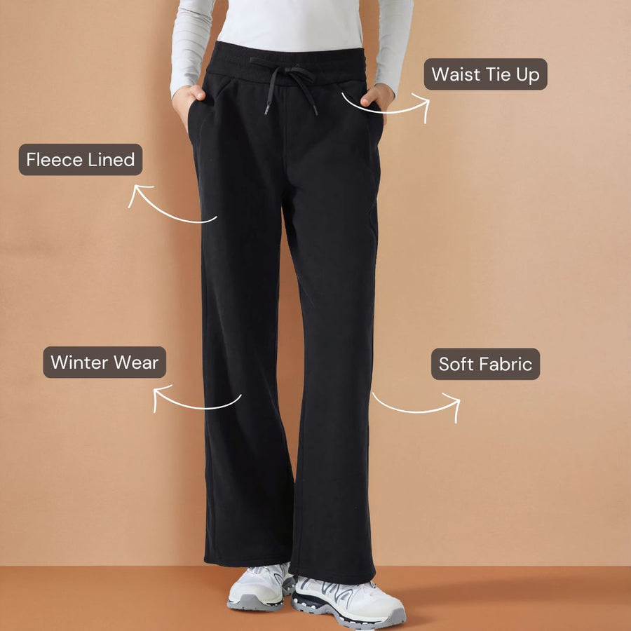 Fleece Lined Wide Legged Pants  - Black