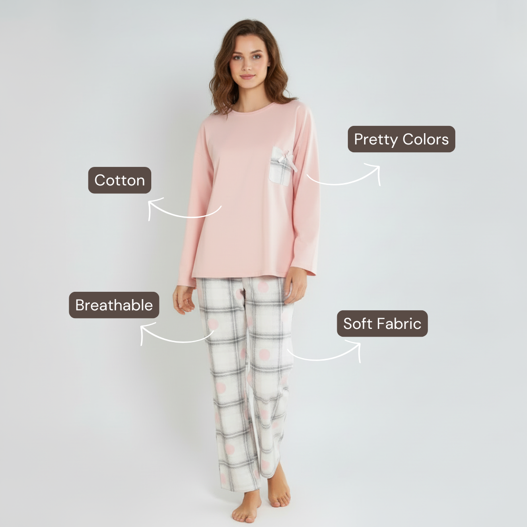 Full Sleeves Cotton Night Suit Set - Pink & Grey