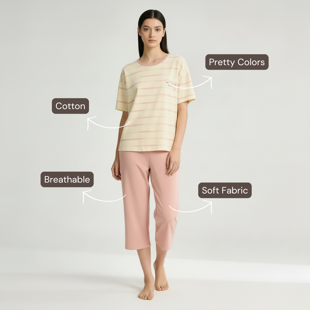 Half Sleeves Cotton Night Suit Set - Pink & Ivory
