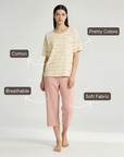 Half Sleeves Cotton Night Suit Set - Pink & Ivory