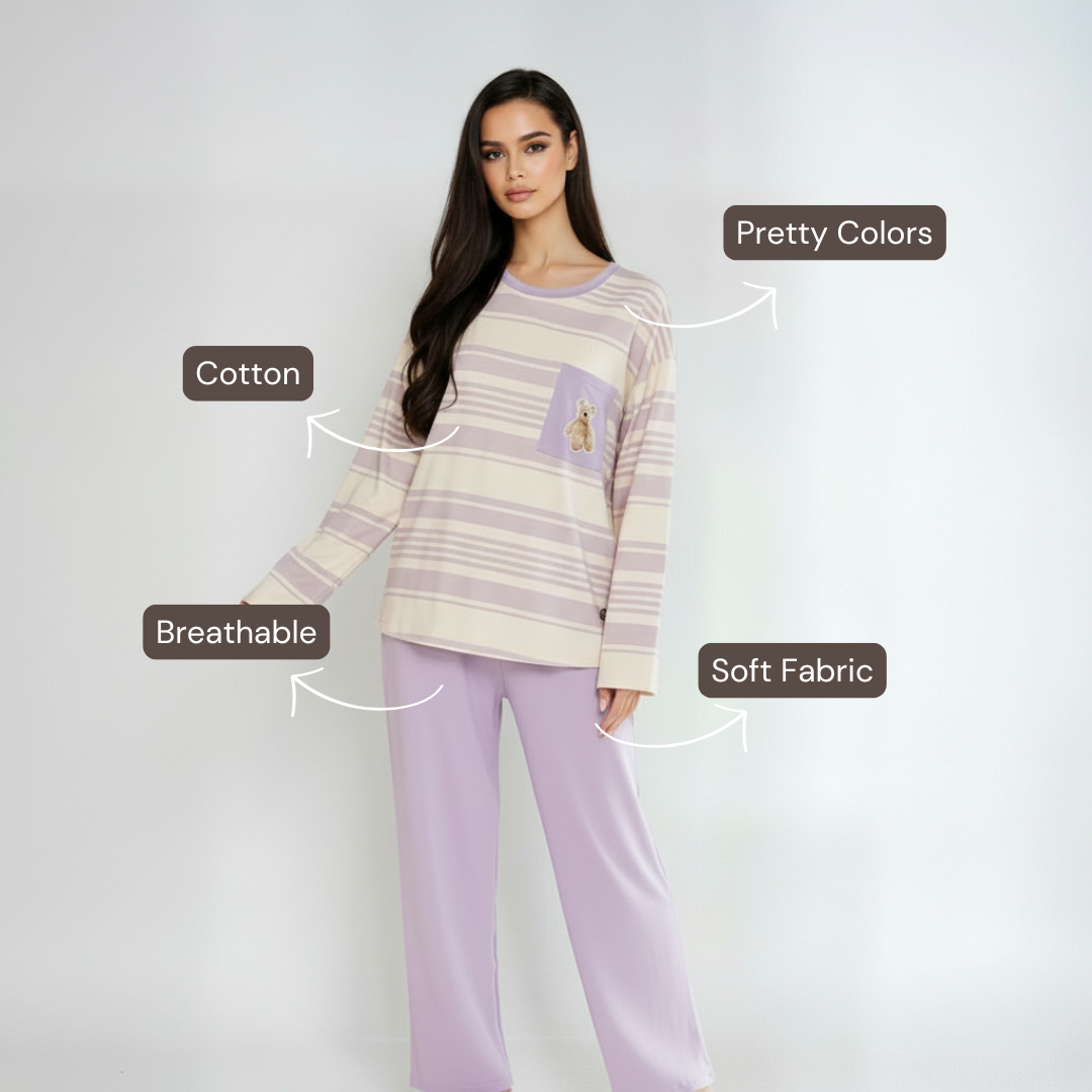 Full Sleeves Cotton Night Suit Set - Purple & Ivory