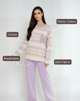 Full Sleeves Cotton Night Suit Set - Purple & Ivory