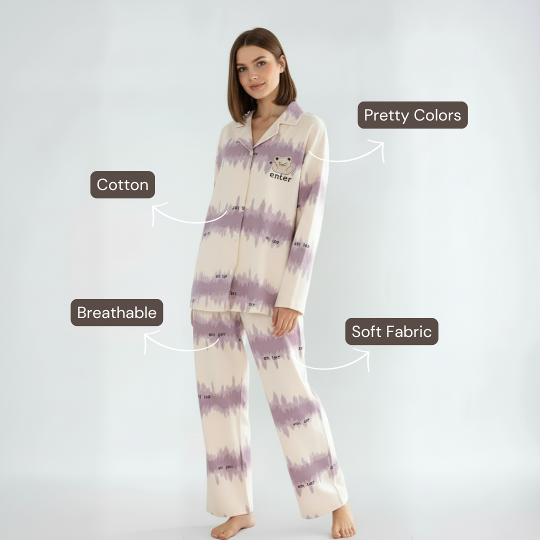 Full Sleeves Cotton Button Down  Night Suit Set - Purple & Ivory