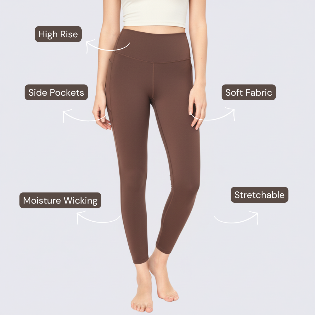 High-Rise Leggings With Side-Pockets - Brown