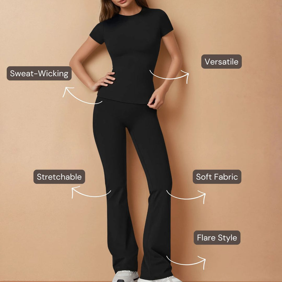 Half Sleeve Flare Pant Yoga Set - Black