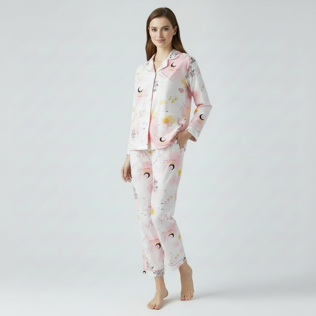 Full Sleeves Cotton Button Down Night Suit Set - Pink Spray