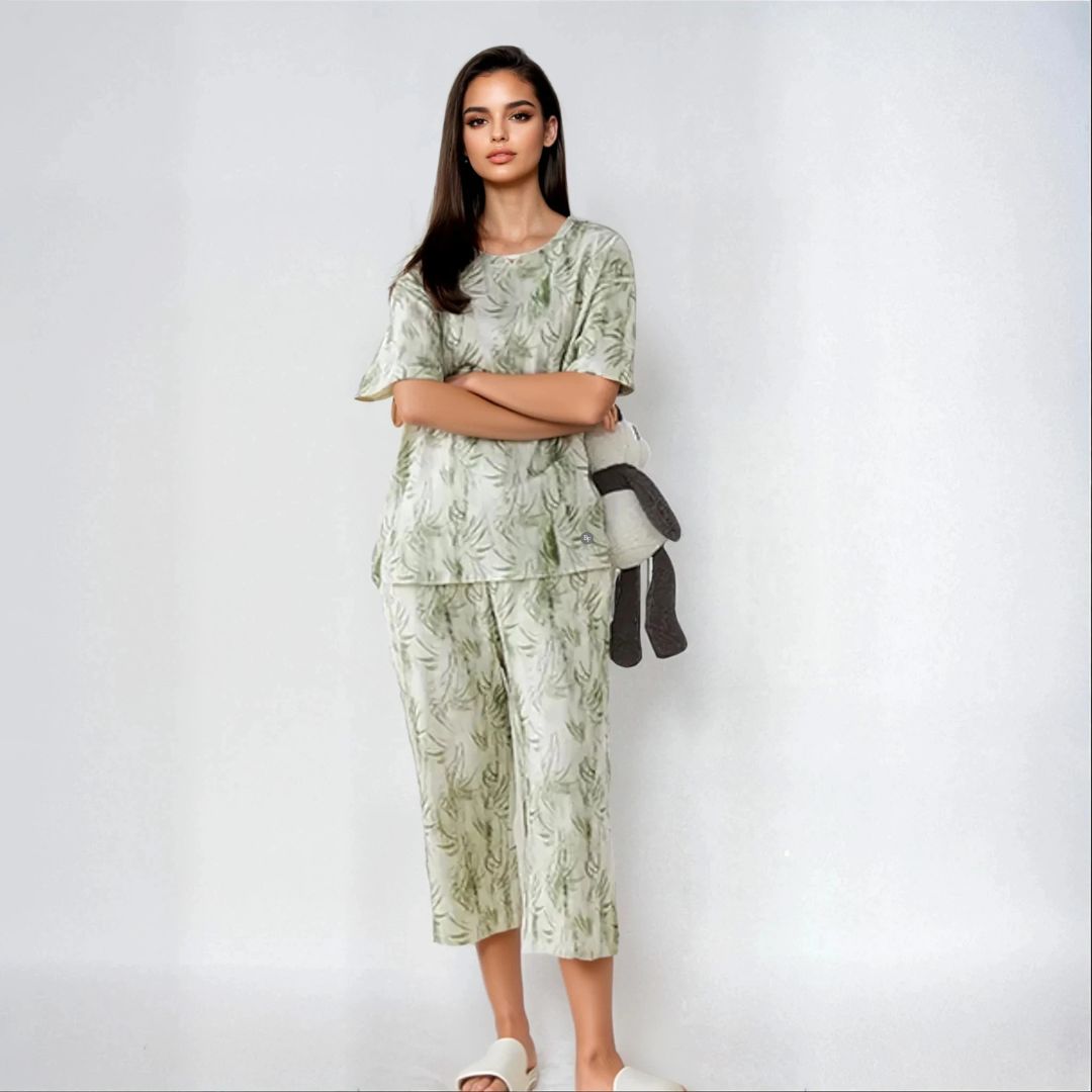 Half Sleeves Cotton Night Suit Set - Rainforest Green