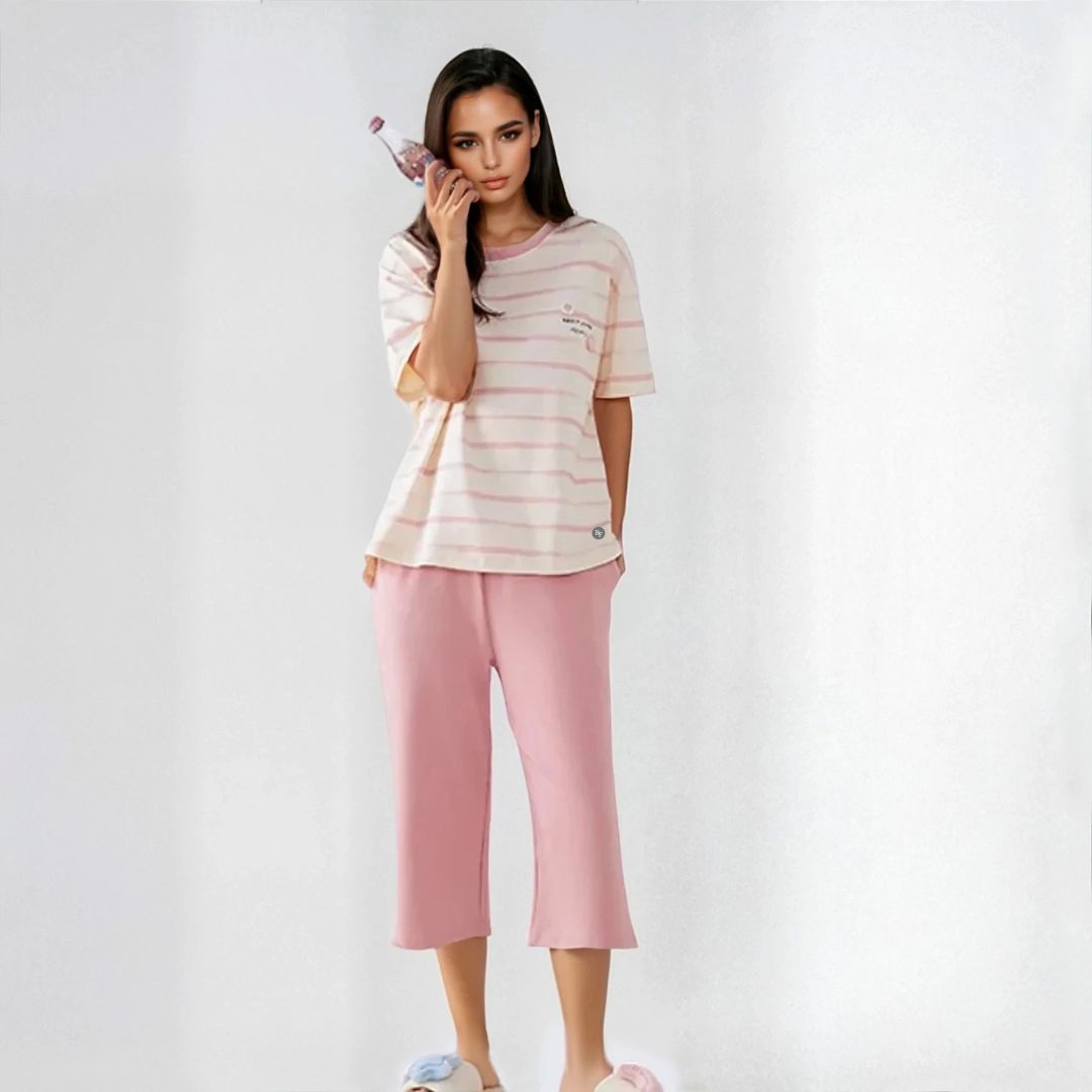 Half Sleeves Cotton Night Suit Set - Pink & Ivory