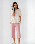 Half Sleeves Cotton Night Suit Set - Pink & Ivory