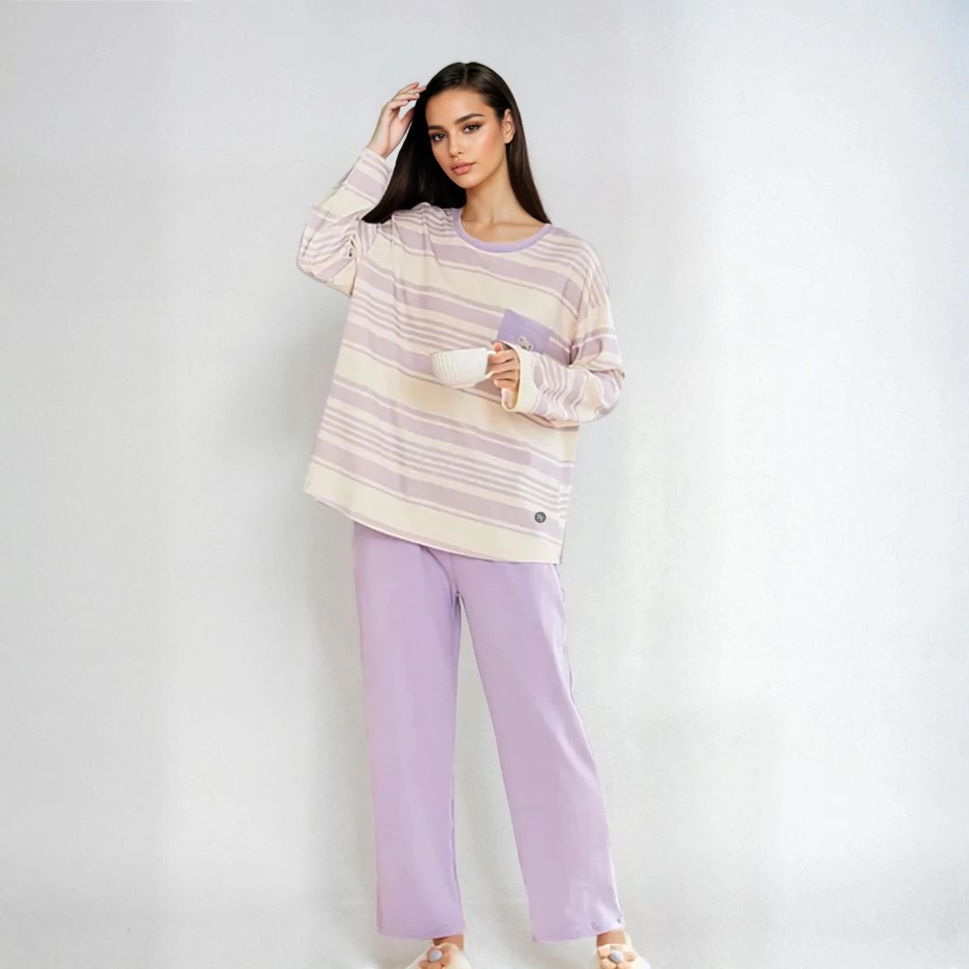 Full Sleeves Cotton Night Suit Set - Purple & Ivory