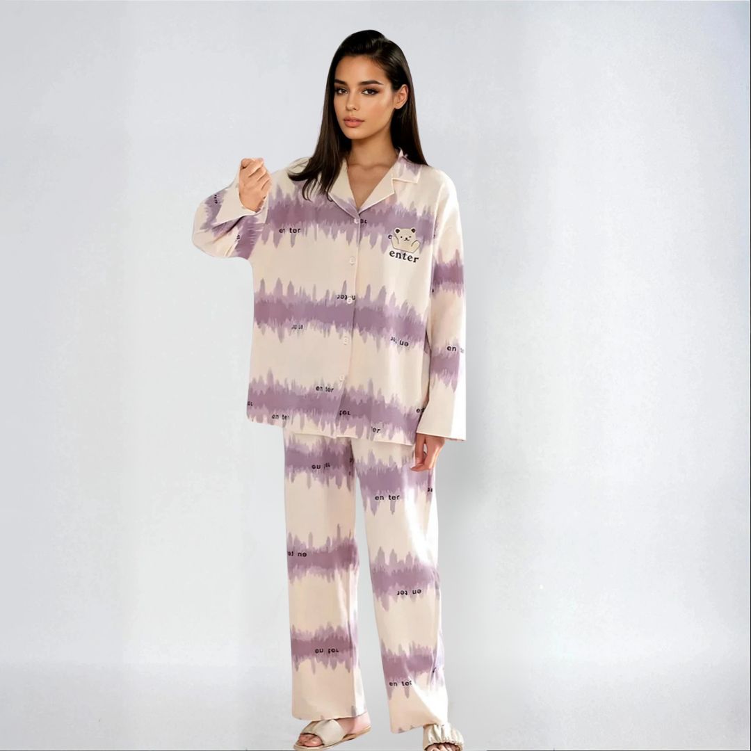Full Sleeves Cotton Button Down  Night Suit Set - Purple & Ivory
