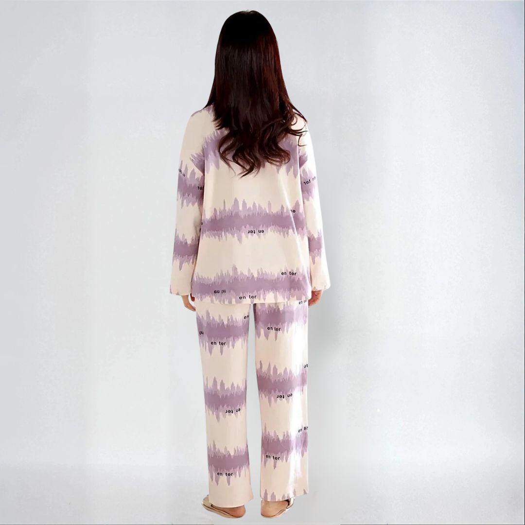 Full Sleeves Cotton Button Down  Night Suit Set - Purple & Ivory