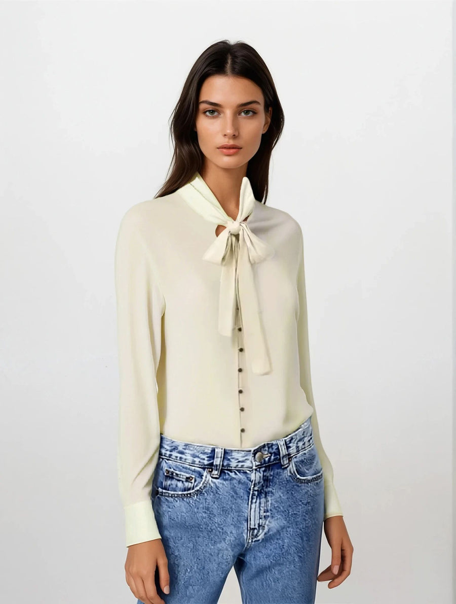 Neck Tie Up Blouse - Ivory White