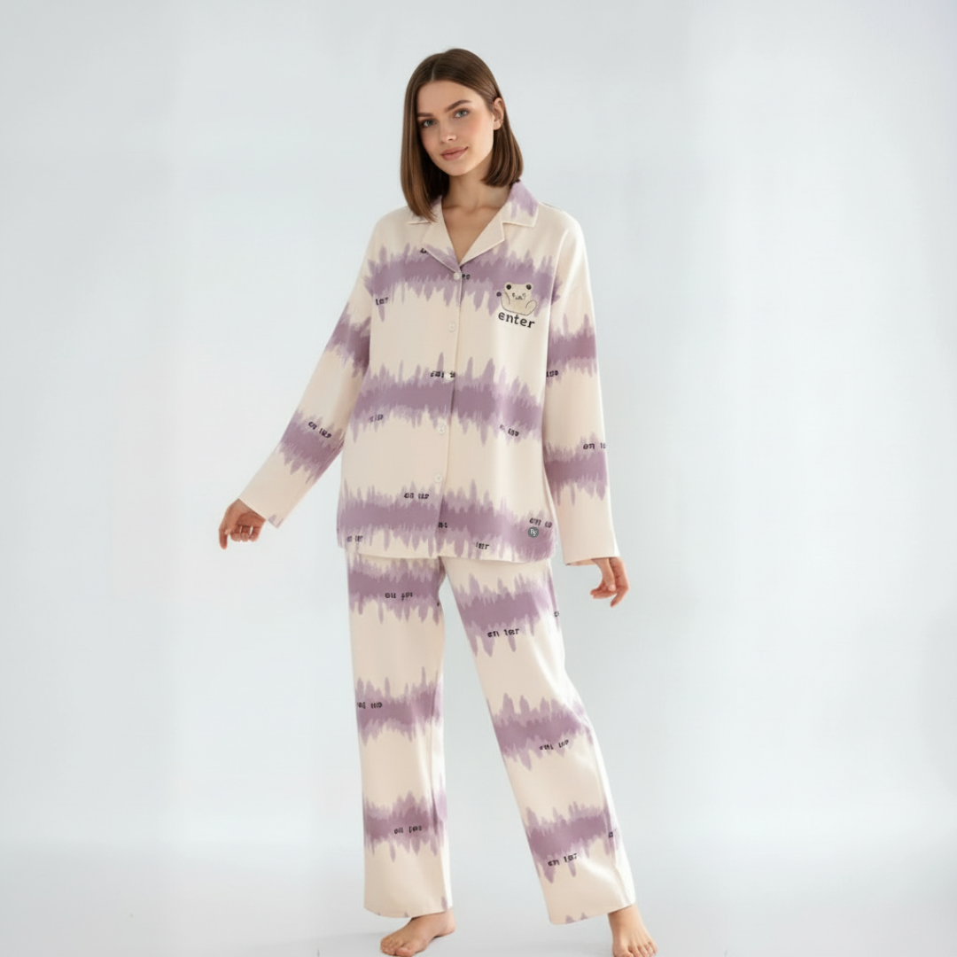 Full Sleeves Cotton Button Down  Night Suit Set - Purple & Ivory