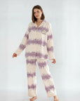 Full Sleeves Cotton Button Down  Night Suit Set - Purple & Ivory