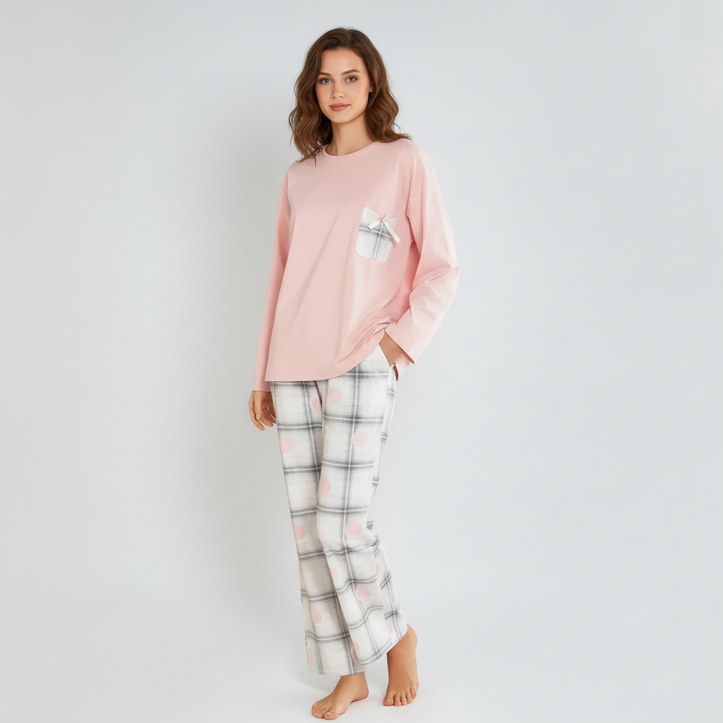 Full Sleeves Cotton Night Suit Set - Pink & Grey