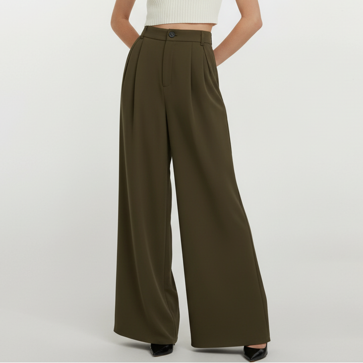 High Rise Wide Legged Essential Pants - Shade Of Olive Green