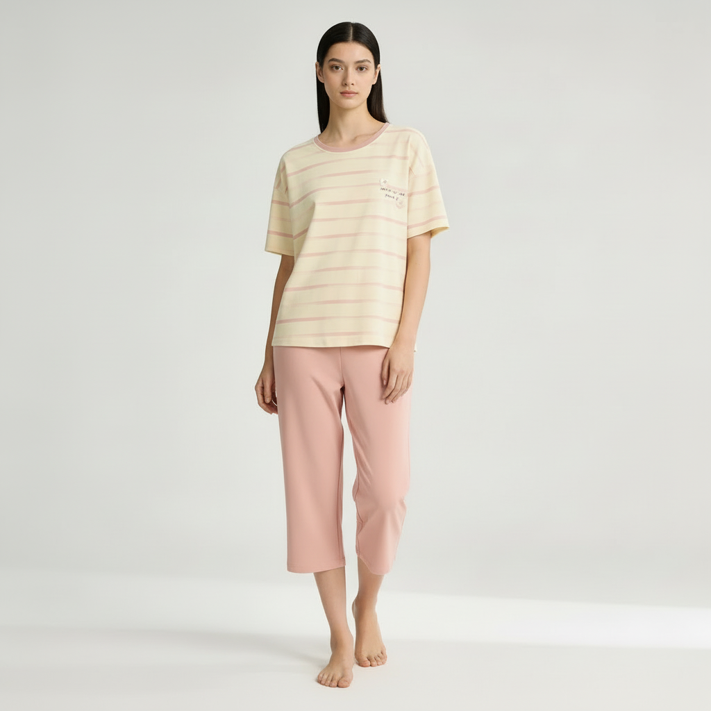 Half Sleeves Cotton Night Suit Set - Pink & Ivory