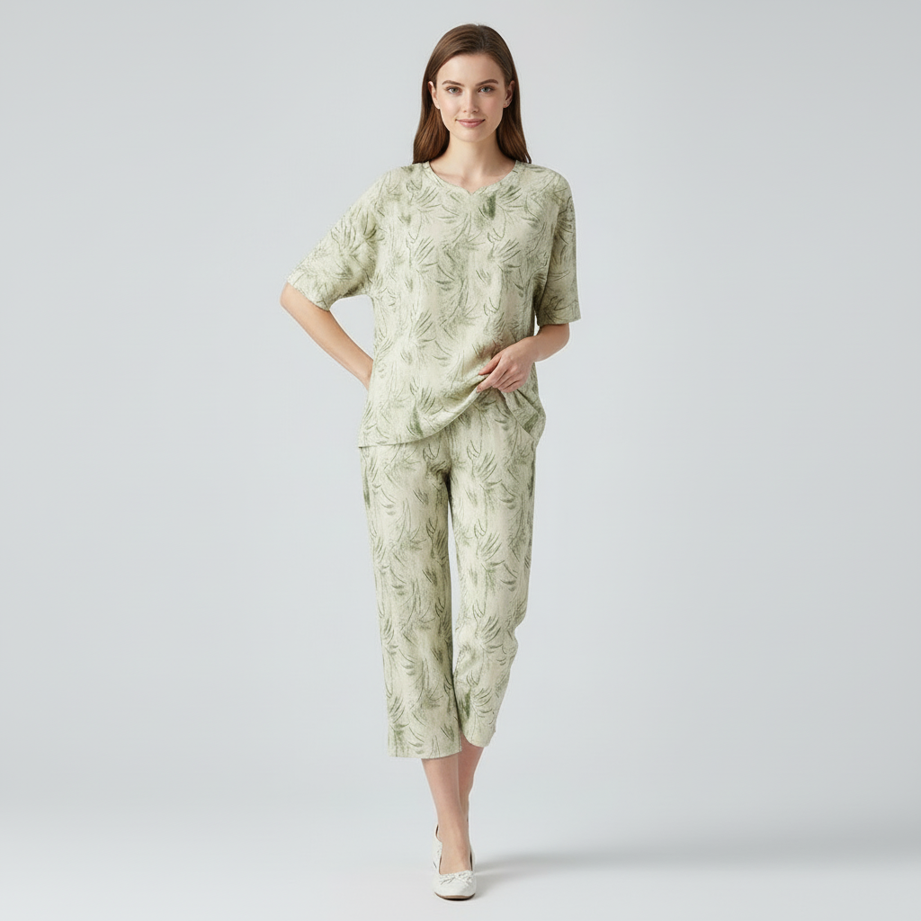 Half Sleeves Cotton Night Suit Set - Rainforest Green