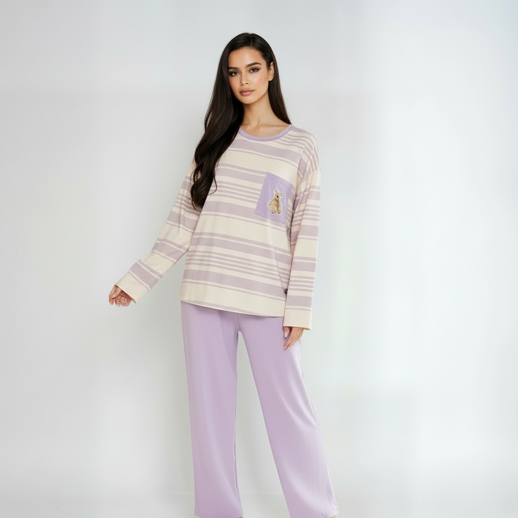 Full Sleeves Cotton Night Suit Set - Purple & Ivory