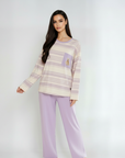 Full Sleeves Cotton Night Suit Set - Purple & Ivory