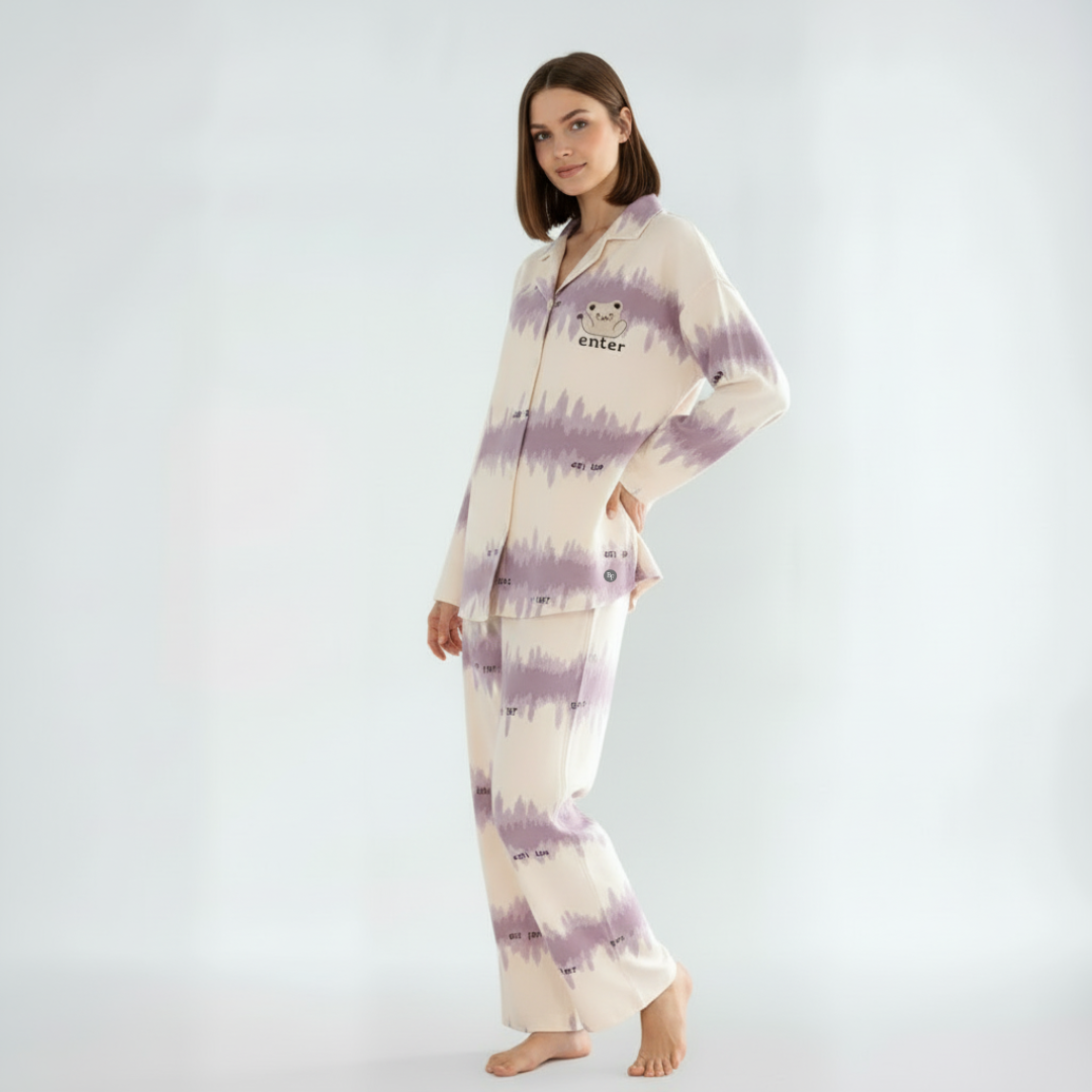 Full Sleeves Cotton Button Down  Night Suit Set - Purple & Ivory