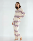 Full Sleeves Cotton Button Down  Night Suit Set - Purple & Ivory