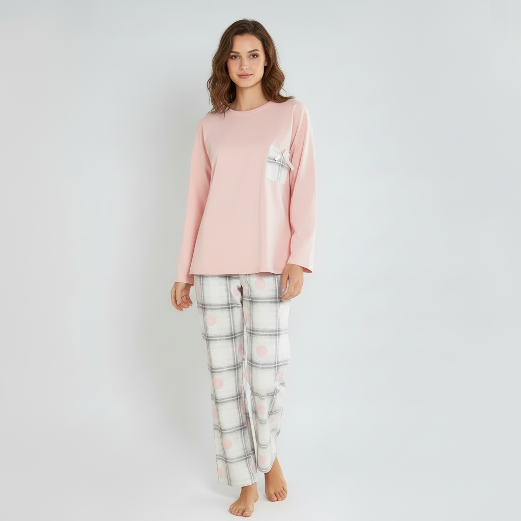 Full Sleeves Cotton Night Suit Set - Pink & Grey
