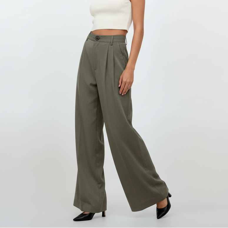 High Rise Wide Chic Pants - Dark Khaki