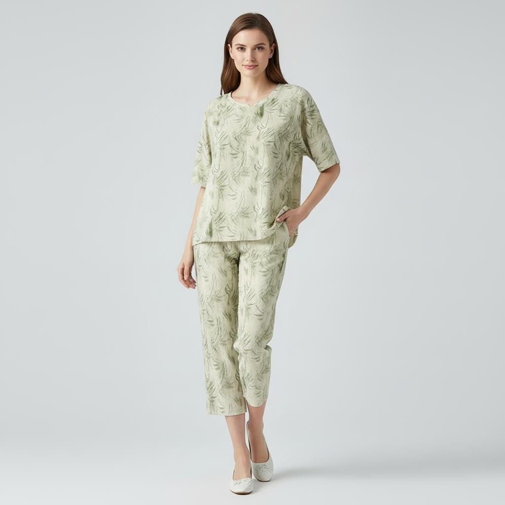 Half Sleeves Cotton Night Suit Set - Rainforest Green
