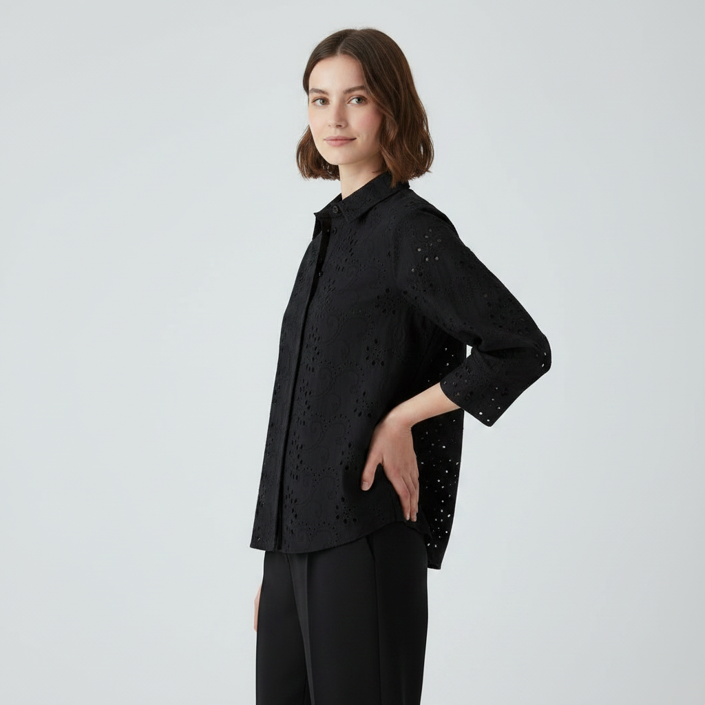 Stylish Pattern Cut-Out Blouse - Black