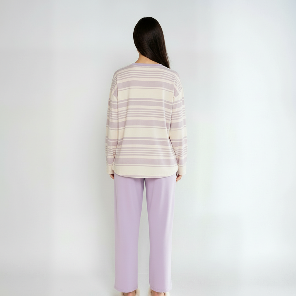 Full Sleeves Cotton Night Suit Set - Purple & Ivory