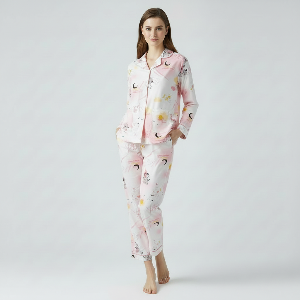 Full Sleeves Cotton Button Down Night Suit Set - Pink Spray