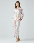 Full Sleeves Cotton Button Down Night Suit Set - Pink Spray
