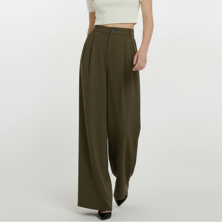 High Rise Wide Legged Essential Pants - Shade Of Olive Green