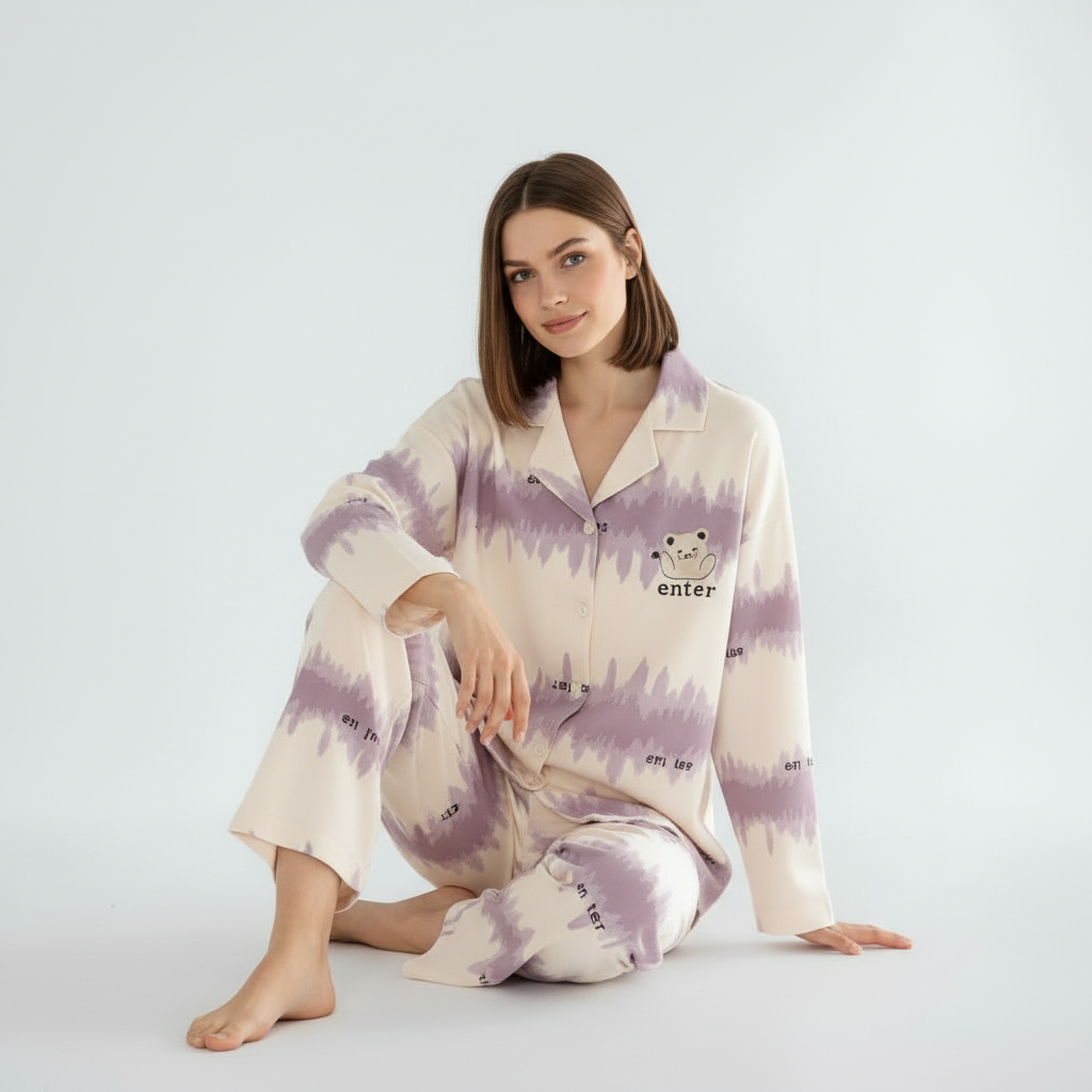 Full Sleeves Cotton Button Down  Night Suit Set - Purple & Ivory
