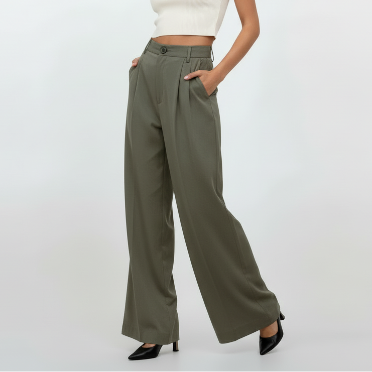 High Rise Wide Chic Pants - Dark Khaki