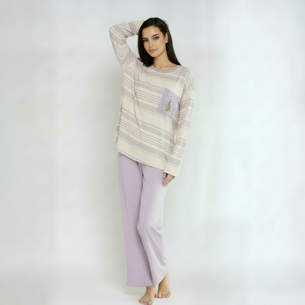 Full Sleeves Cotton Night Suit Set - Purple & Ivory