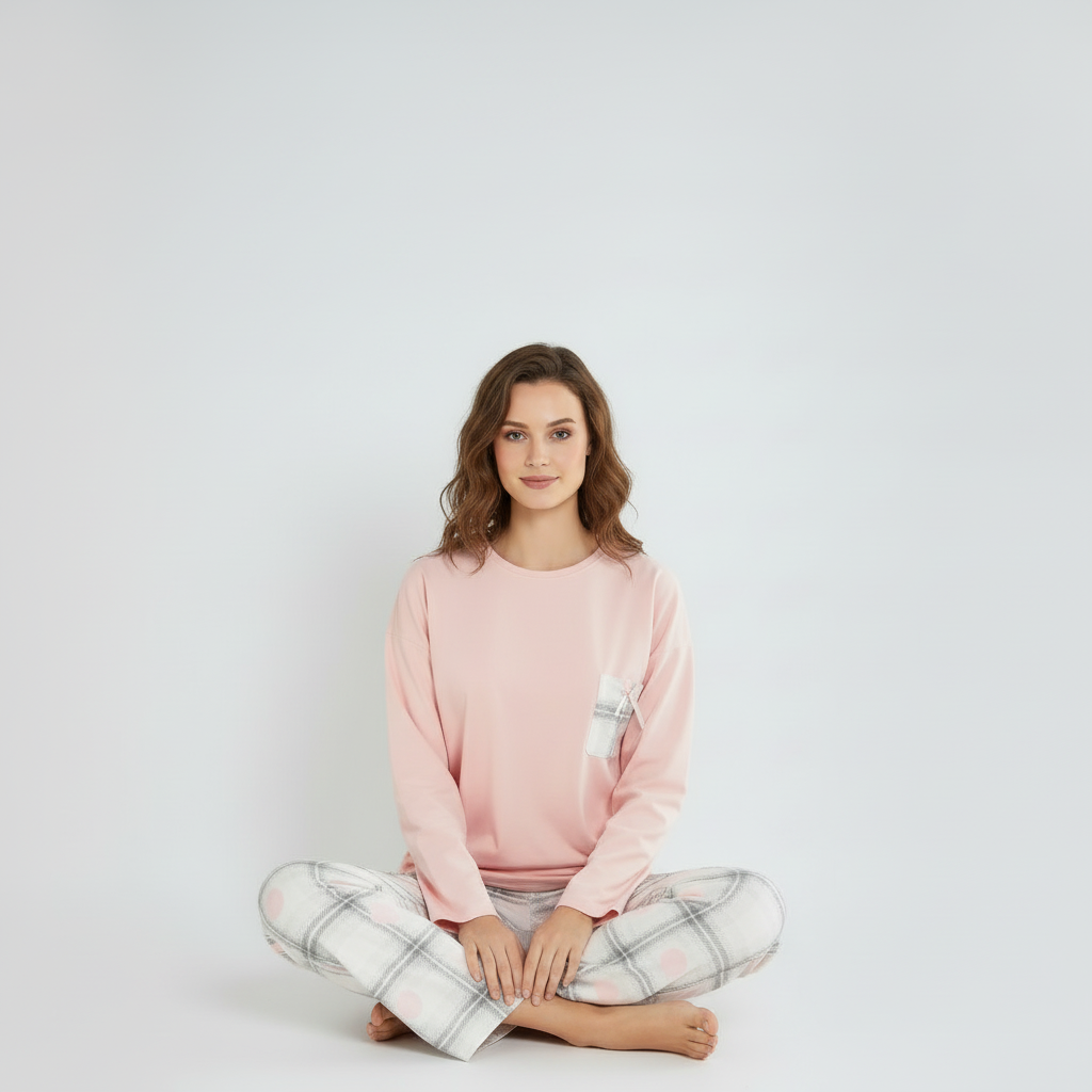 Full Sleeves Cotton Night Suit Set - Pink & Grey