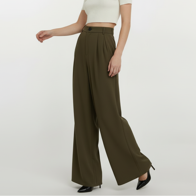 High Rise Wide Legged Essential Pants - Shade Of Olive Green