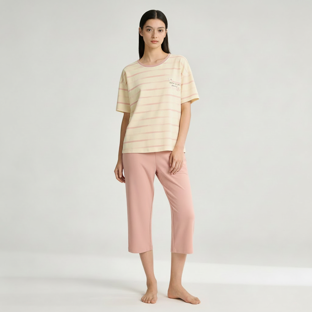 Half Sleeves Cotton Night Suit Set - Pink & Ivory