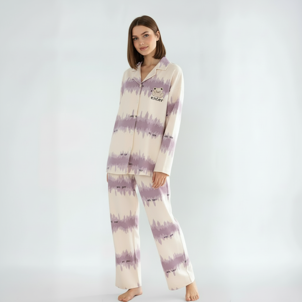 Full Sleeves Cotton Button Down  Night Suit Set - Purple & Ivory