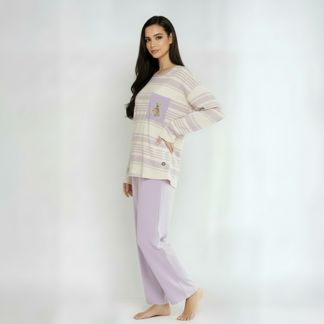 Full Sleeves Cotton Night Suit Set - Purple & Ivory