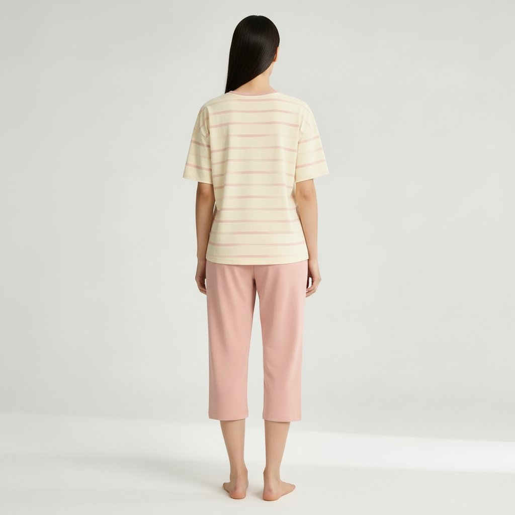 Half Sleeves Cotton Night Suit Set - Pink & Ivory